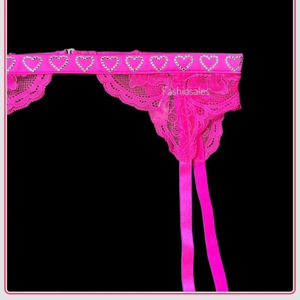 Victoria’s Secret Very Sexy Pink Lace Crystal Hearts Strap Garter Belt Pink Xs/S